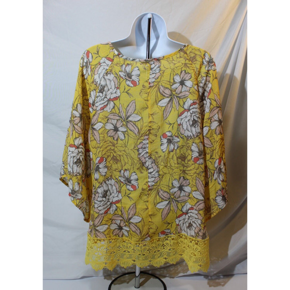 Unique Spectrum Yellow Floral Flare S/S Top Women's 2X Tassels Lace Hem Pullover - Picture 2 of 14